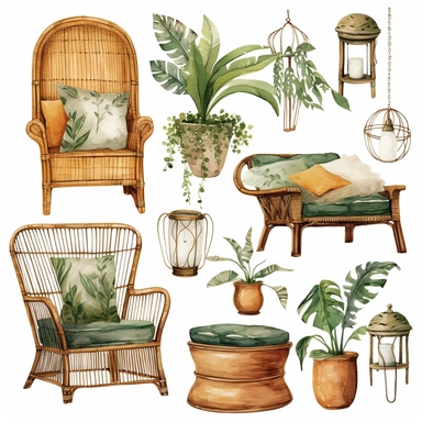 beautiful boho furniture, neutral tones, watercolor clipart, solid white background, hard edges, smooth