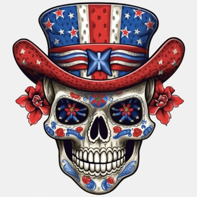 Sugar Skull with a patriotic hat and patriotic tie, clear eyes, kiss-cut, vector, clipart, isolated, no background, .75 gutter,
