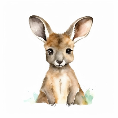 a harmonious baby kangaroo with kind eyes clipart with watercolor illustration,full body shot,8k,etsy style, white background