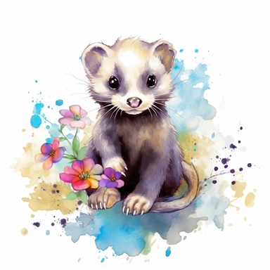 beautiful cute and hapy fantasy baby ferret in nature clipart on a white background, isolated images, illustrations on a white background, artistic painting, watercolor, realistic, isolated, fussy cuts, highly detailed, 32K, hdr, photo expert quality, watercolor realistic, isolated on a white background, highly detailed and hyperrealistic