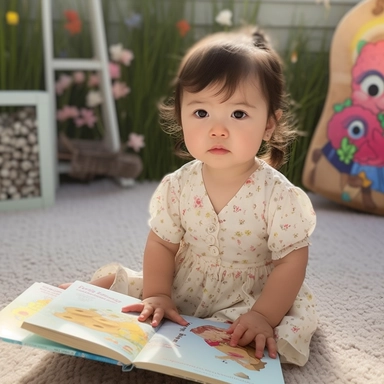 Disney-Pixar animation characters, Pixar style, medium shot, two-year-old baby girl, sitting on a grey carpet holding a children's book that covers her lap, wearing white floral dress and two hair clips, looking at the book with curious eyes, background is a dreamy rose garden with soft sunlight and bokeh effect, adding depth of field, volumetric lighting, and ambient occlusion to enhance the 3D rendering.