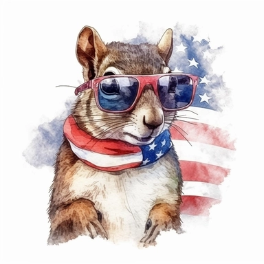 an Eastern gray squirrel, American flag scarf and sunglasses, backdrop of acorns and a tree branch, watercolor style, realistic animal illustrations, 2d game art, quadratura, clipart, on white background,