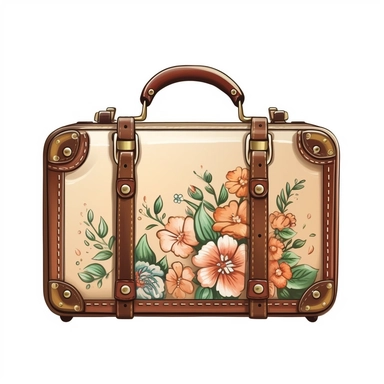 Leather brown retro bag , floral, james christensen style,illustration Watercolor hand painted vintage suitcase design. Travel concept clipart,white background with margins , white background for removing background - - no text shadow font watermark