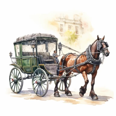 Victorian Era horse-drawn carriages, watercolor, hd, clipart, white background