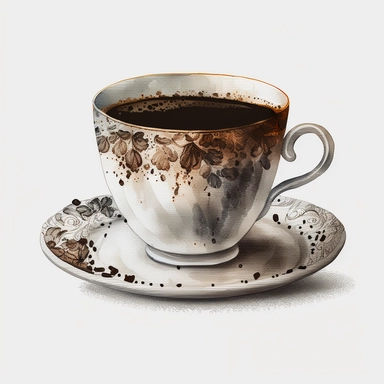 watercolour white china coffee cup on white china coffee plate with americano coffee beautiful cup of americano coffee beautifully detailed perfect cup of coffee,png image,high resolution,300dpi,graphic clipart,computer graphics