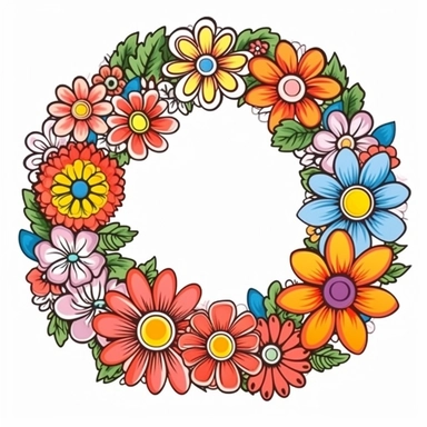 sticker, Groovy hippie 60s cute wreath, isolated flowers, Funny cartoon flower power clipart white background