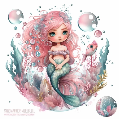 full body mermaid girl clipart, angelic face with pink hair fish swimming around, bubbles and corals, realistic