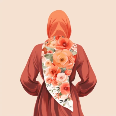 Hijabi woman back view clipart illustration, muslim lady clipart, veiled woman clipart, floral lady hijab clipart , digital illustration style,