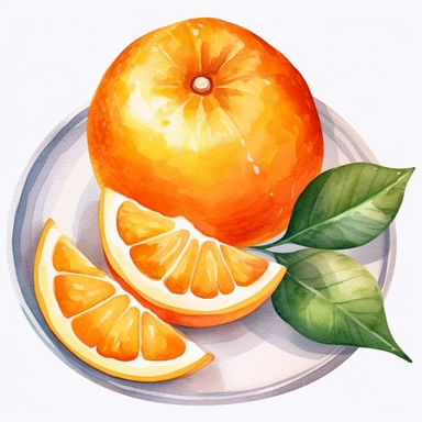 An Orange fruit with a slice cut out, placed on a plate or tray with other fruits or desserts , Watercolor, pastels, clipart, beautiful, colourfull, png transparent white background, high resolution, no caption q4 s2