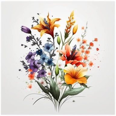 clipart illustration of summer flowers on a solid white background, watercolor style, vivid, vector, minimalist, 4k