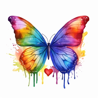 Cute Beautiful rainbow butterfly couple perched on watercolor heart Watercolor Clipart,Cartoon, hyper realistic, intricate detail, illustration style,high solution,on the white background