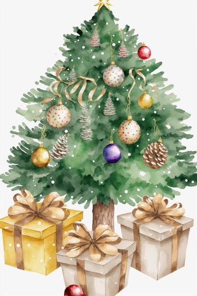 whole christmas tree with presents clipart, decorated pine tree with christmas golden presents, golden christmas decoration, christmas decor, simple shapes, no lines, no outlines, clipart, featured on dribble, cartoon tree clipart, minimalist, computer vector graphic design clip art, watercolor illustration clipart, watercolour clipart, watercolor illlustration for kids and children, book illustration, print on demand image, PNG tranparent background