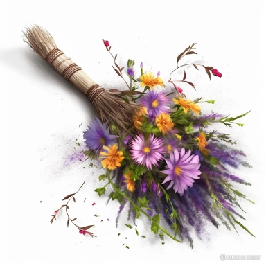 realistic clipart of a witch's broom decorated in spring flowers, digital painting, white background, 32K