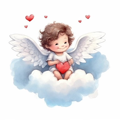 a happy cute little angel cupid a two year old sitting on the cloud, red heart in hands, style by Lusy Fleming, folk art, watercolor, clipart elements, smooth gradients, black contour outline, ultra detailed, white background, super clear, high quality