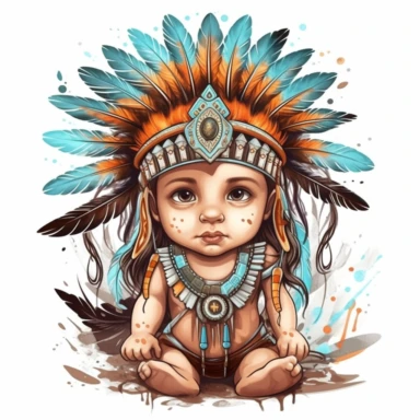 Cute Beautiful Native American Baby Boy Sublimation Clipart,Cartoon, hyper realistic, intricate detail, illustration style,high solution,on the white background