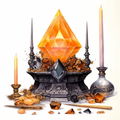 A beautifully painted faceted crystal on a witch's altar with candles and incense, hues of captivating orange, yellow and black, stunningly beautiful, refined and sophisticated, Hand drawn, Roberto Ferri, Clipart, watercolor, white background, intricate detail