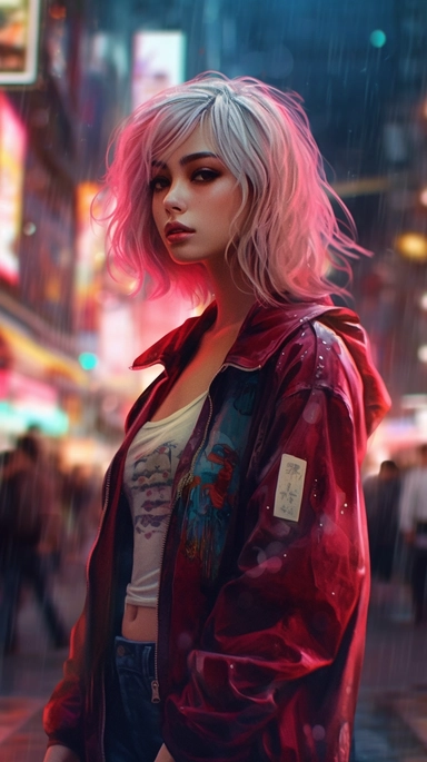 beautiful stunning pretty vintage cyberpunk anime girl, paint art style, clipart, city landscape background, superrealistic, one of a kind