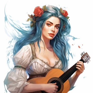 beautiful stunning pretty young woman as Priscila the bard from The witcher character, paint art style, clipart, white background, superrealistic, one of a kind