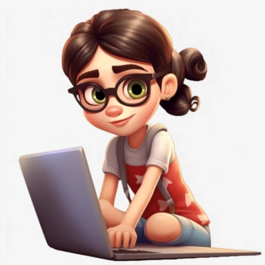 clipart stock image white background of pixar girl seated at dest on macbook laptop very focused