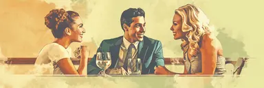 Atercolour clipart of one handsome gentleman with two women sitting on a table, having a nice conversation and flirting, the women are attracted to the man, the man has no glasses, vintage effect, high quality, soft and muted colours, 8k, f1