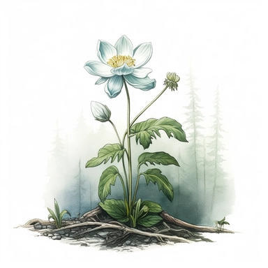 A delicate, detailed illustration of a single woodland flower growing in a tranquil forest clipart