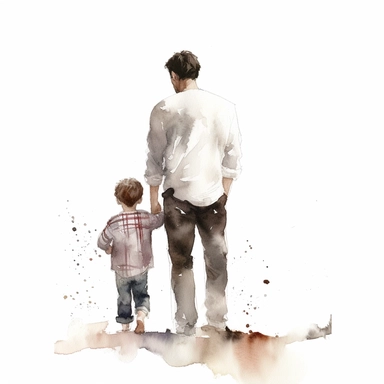 father standing with older son, facing away from camera, watercolor illustration with plain white background, clipart