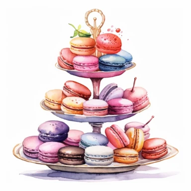 A variety of macaroons displayed on an elegant tiered stand clipart, white background, watercolor sophisticated drawing