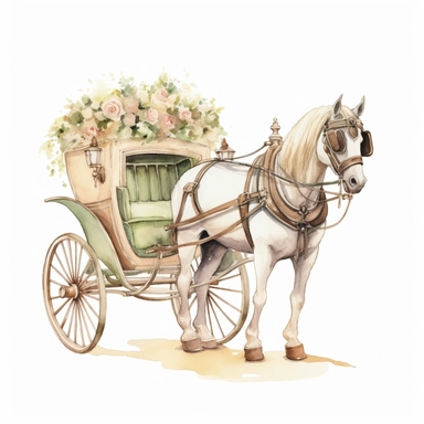 Horse and Carriage Clipart: This watercolor piece captures the vintage charm of a horse and carriage, ideal for a rustic elegant wedding. The colors used are soft browns, ivory, and green.