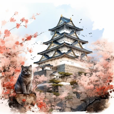 cherry blossoms laden on Osaka Castle Bottom, Siamese Cat wearing a Japanese kimono, sunset. Clipart Watercolor