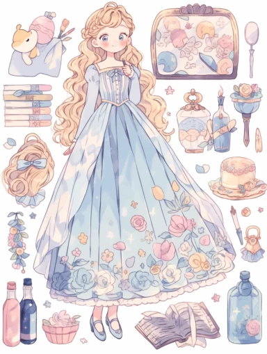 Stickers, Clipart, Full body display, Knolling layout, cute Princess Style themed, accessories neatly placed in equal proportion, larger spacing, 10 to 15 objects, pocket sticker, stationery set, vector stickers, high detail, charater sheet, Planner Stickers, Bright Colors, Hand Drawn Artwork, Watercolor Design, single design, 8k, white background