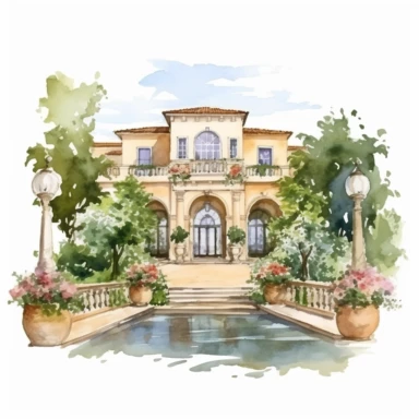 Watercolor drawing beautiful rich italian venue, wedding venue in flowers, piscina e scalinate,watercolor clipart, white background, isolated on white, 8k, watercolor style