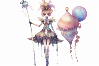Hand drawn haute couture collection of cute iridescent fairy, full body, matching hat and shoes and nice jewelry, a light wood hanger, glamorous, very detailed and realistic, watercolor, clipart style, white background with margins, in the style of candycore, mark ryden