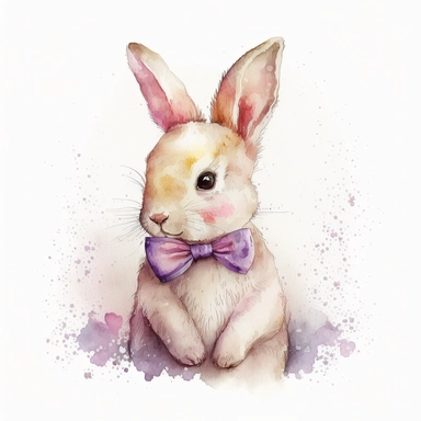 a detailed watercolor painting of a cute cartoon baby bunny with bowtie, clipart, watercolor style, pink, pastel colors, isolated on white background, children's book illustration