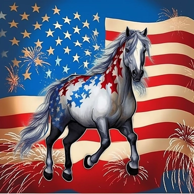 Super cute, American flag with horse and firework Sublimation Clipart, Cartoon funny, Very detailed, blue sky colorful background