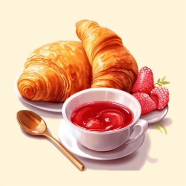 clipart crispy french croissants, visible butter, strawberry jam and a cup of coffee