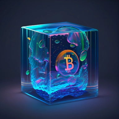 3d dribbble illustration bitcoin in a glass cube holographic colors clipart on dark blue background