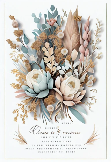 beautiful, intricate, sharp focus, light blue, tan, and pink flowers, boho wedding invitation with white fluffy tail flowers, dried grasses, show entire invitation, no border, clipart, on white background, flat lay, extreme detail, wedding invitation,