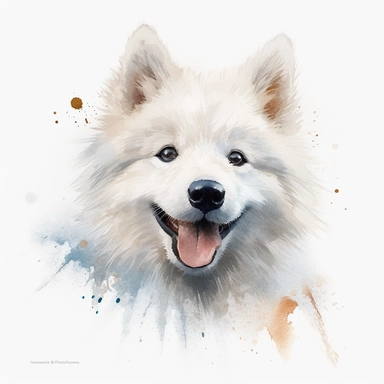 cute Canadian Eskimo Dog dog portrait, full face, centered shot, side shot, dynamically posed, in action, playful mood, happy mood, playing mood, cute face, adorable smile, childlike eyes, clean watercolor illustration, white background, nursery baby imagery, painting, detailed, 8k, PNG, clipart,