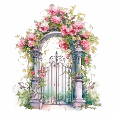 watercolor, hyper realistic, white background, white margins, 16k, ultra detailed clipart, cut out image, hand-drawn, whimsical manhwa style, ultra HD, sharp and clean art n ornate garden gate adorned with climbing roses, inviting viewers to enter the magical rose gardenSoft Pink and Emerald Green - Create a romantic and enchanting atmosphere with a color scheme consisting of soft pink shades for the roses and lush emerald green for the foliage
