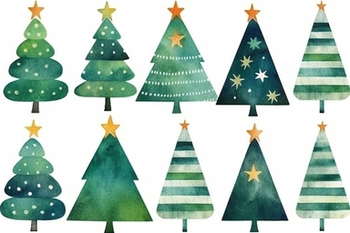 christmas tree and ornaments clipart illustration, in the style of textured pigment planes, whimsical watercolor, watercolor illustrations, commission for