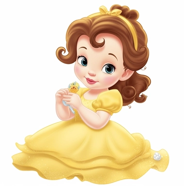 princess bella from beauty and the beast one year old baby cartoon pixar vector round delicate face her long hair crisp and detailed her delicate yellow dress with glitter sitting on her hands the character should be well drawn with soft tones a very crisp smile confident and one on the head lightly painted in watercolor the character is a one year old baby must be on a white background clipart