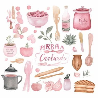 Acuarela casera panadería logo clipart Diseño de logotipo de panadería dibujado a mano DIY Cocina culinaria digital clip art Utensilios de cocina pastel rosa
