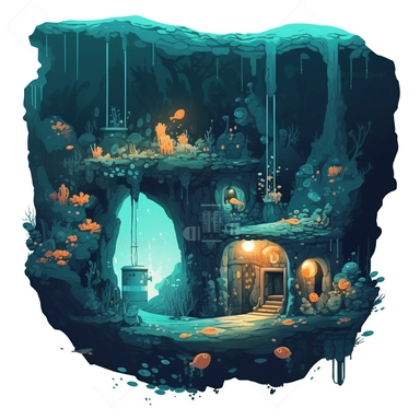 a Super Gorgeous deep sea diving cave, 2D concept simplified illustration on white background. clipart, highly detailed, vibrant, ultra high quality, 2D vector, best quality, no watermark
