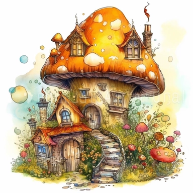 create an illustration featuring magical golden yellow mushroom house clipart, small flowers, vibrant colors, rainbow colors, magical, whimsical, fairytale, against a white background, harlequin cyberpunk, highly detailed