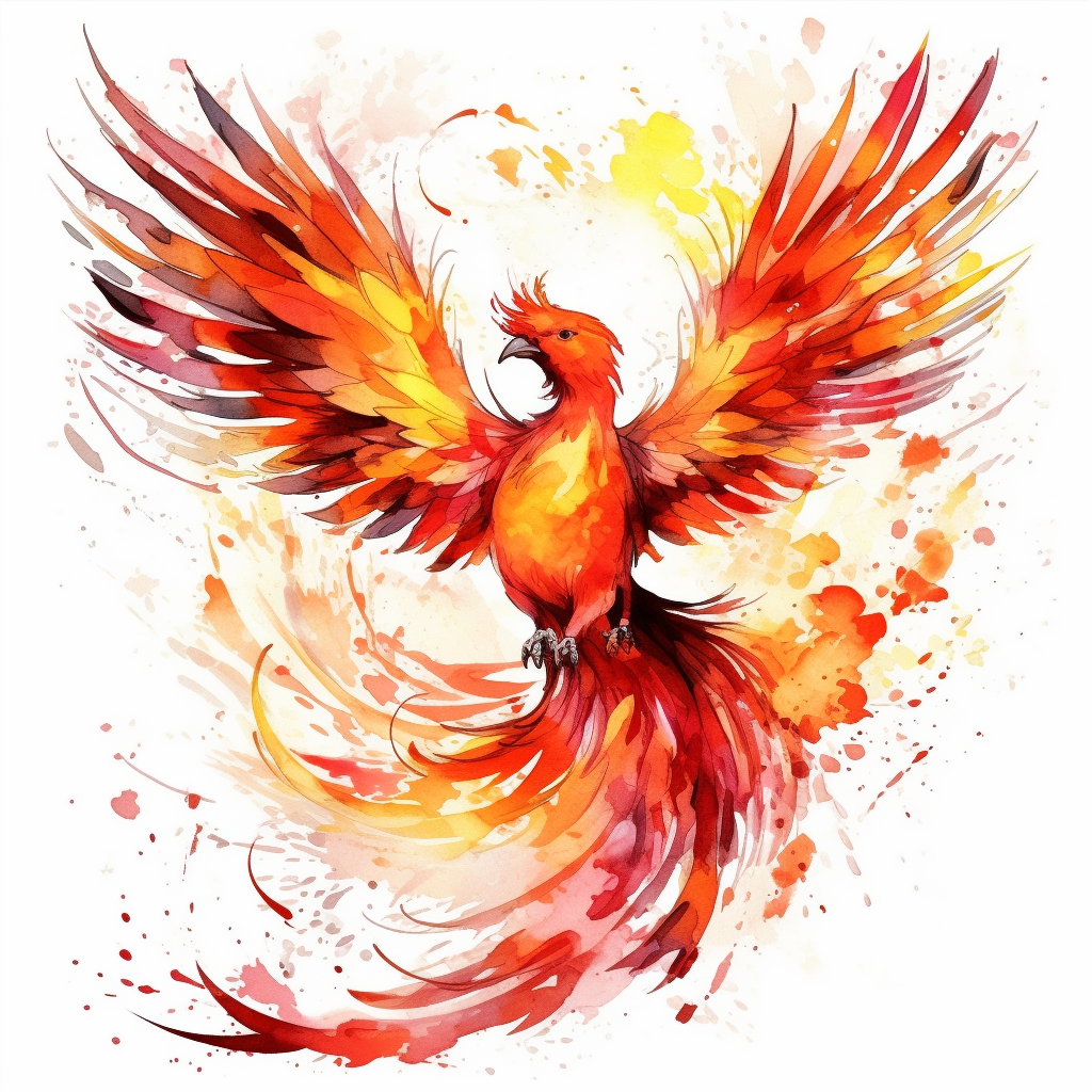 A clipart of a fiery phoenix rising from ashes, painted in watercolor ...