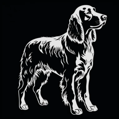 the image of a white Irish Setter standing on black is shown, in the style of stencil art, heavy outlines, flickr, hard edge, sculpted, woodcut, clipart cut file cuttable cricut vector