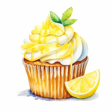watercolor sweet lemon cupcake clipart, white background