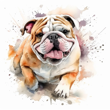a moving Bulldog, happy smiling face, cute animal, adorable, playful atitude, adorable watercolor animal clipart, no background, high quality and very sharp image with clear focus