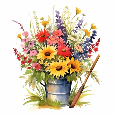 Watercolour Meadow-Inspired bouquet Extra large, Create a meadow-inspired arrangement by combining native UK and American flowers that bloom in meadows, Mix cowslips, cornflowers, and red campions from the UK with black-eyed Susans, goldenrods, and butterfly weeds from Americaplanted in a Metal wheelbarrow watercolour flower arrangement, clipart, vector, intermingled with greenery, white background, no captions, no vase, flower bed setting, aspect 2:2 repeat 5