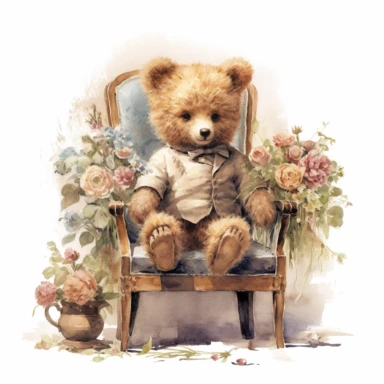 victorian vintage adorable little teddy with banquette and wild flowers, full body, clipart style, accurate details, oil painting technique, super high quality, professional watercolor clipart, high resolution